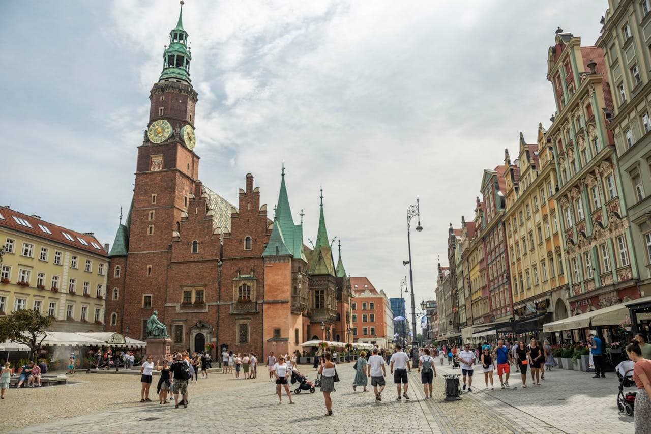 Wrocław city center with historic architecture and transportation